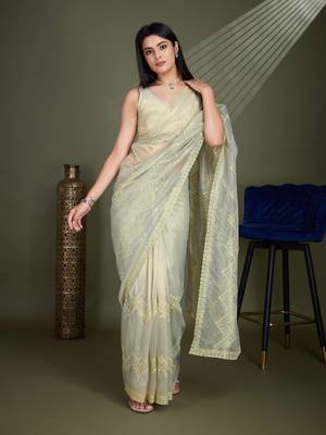 Women'S Pista Net Twill Shimmer Embroidered Saree With Unstitched Blouse Piece 2