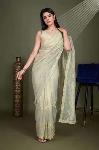 Women'S Pista Net Twill Shimmer Embroidered Saree With Unstitched Blouse Piece