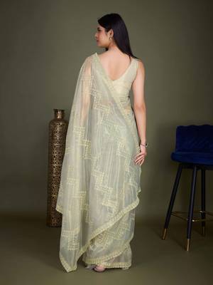 Women'S Pista Net Twill Shimmer Embroidered Saree With Unstitched Blouse Piece 3