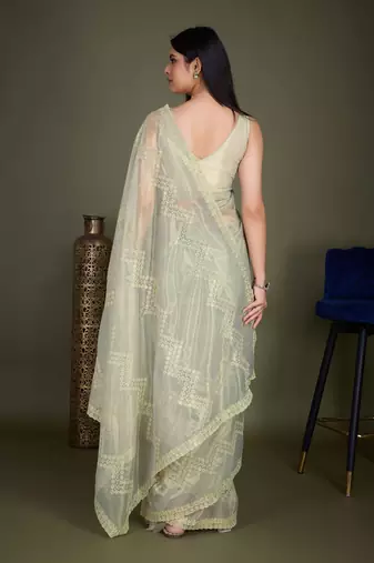 Women'S Pista Net Twill Shimmer Embroidered Saree With Unstitched Blouse Piece