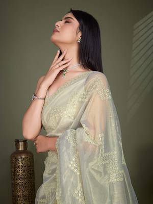 Women'S Pista Net Twill Shimmer Embroidered Saree With Unstitched Blouse Piece 4
