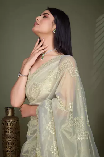 Women'S Pista Net Twill Shimmer Embroidered Saree With Unstitched Blouse Piece