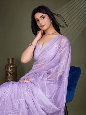 Women'S Lavender Net Twill Shimmer Embroidered Saree With Unstitched Blouse Piece 1