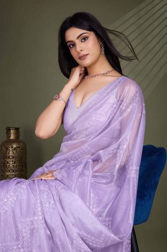 Women'S Lavender Net Twill Shimmer Embroidered Saree With Unstitched Blouse Piece