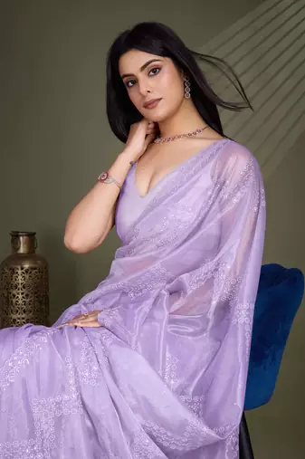 Women'S Lavender Net Twill Shimmer Embroidered Saree With Unstitched Blouse Piece