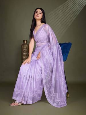 Women'S Lavender Net Twill Shimmer Embroidered Saree With Unstitched Blouse Piece 2