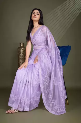 Women'S Lavender Net Twill Shimmer Embroidered Saree With Unstitched Blouse Piece