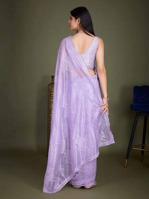 Women'S Lavender Net Twill Shimmer Embroidered Saree With Unstitched Blouse Piece 3