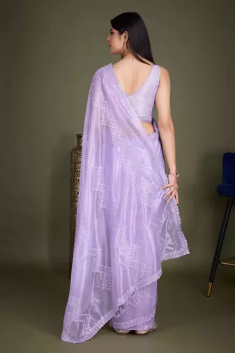 Women'S Lavender Net Twill Shimmer Embroidered Saree With Unstitched Blouse Piece