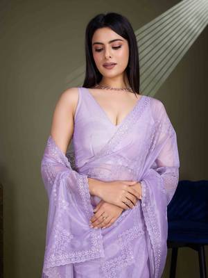 Women'S Lavender Net Twill Shimmer Embroidered Saree With Unstitched Blouse Piece 4