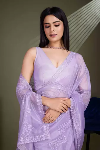 Women'S Lavender Net Twill Shimmer Embroidered Saree With Unstitched Blouse Piece
