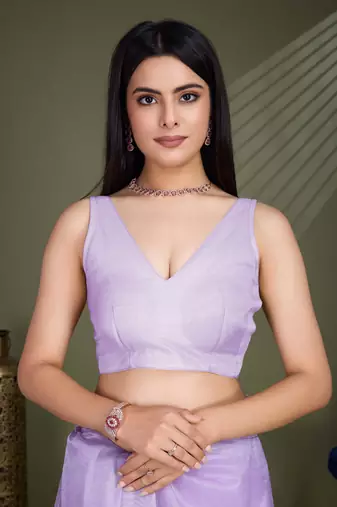 Women'S Lavender Net Twill Shimmer Embroidered Saree With Unstitched Blouse Piece