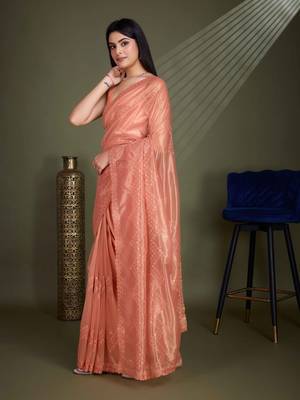 Women'S Peach Net Twill Shimmer Embroidered Saree With Unstitched Blouse Piece 1