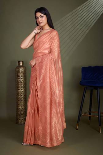 Women'S Peach Net Twill Shimmer Embroidered Saree With Unstitched Blouse Piece