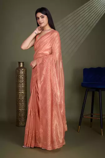 Women'S Peach Net Twill Shimmer Embroidered Saree With Unstitched Blouse Piece