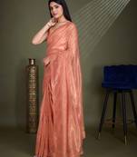 Women'S Peach Net Twill Shimmer Embroidered Saree With Unstitched Blouse Piece