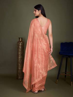 Women'S Peach Net Twill Shimmer Embroidered Saree With Unstitched Blouse Piece 3