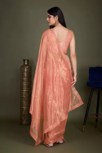 Women'S Peach Net Twill Shimmer Embroidered Saree With Unstitched Blouse Piece