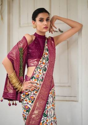 Off white designer ikkat with polka dot printed tussar silk saree with blouse piece 1