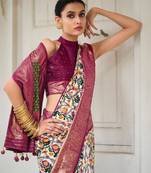Off white designer ikkat with polka dot printed tussar silk saree with blouse piece