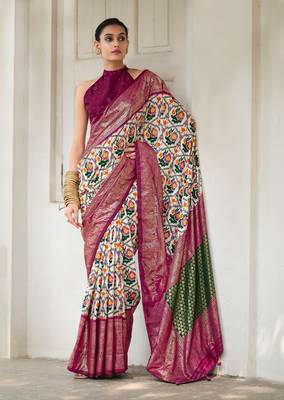 Off white designer ikkat with polka dot printed tussar silk saree with blouse piece 2