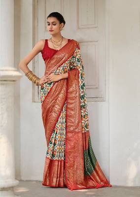 Off white designer ikkat with polka dot printed tussar silk saree with blouse piece 1