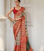Off white designer ikkat with polka dot printed tussar silk saree with blouse piece