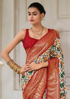 Off white designer ikkat with polka dot printed tussar silk saree with blouse piece 2