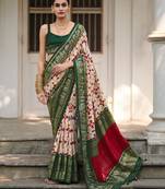Off white designer ikkat with polka dot printed tussar silk saree with blouse piece