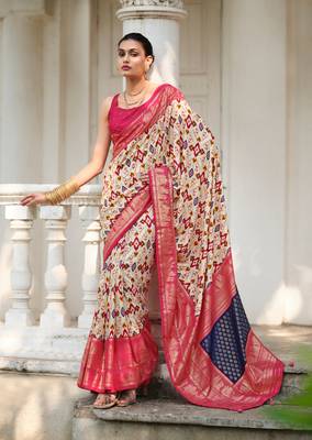 Off white designer ikkat with polka dot printed tussar silk saree with blouse piece 1