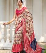 Off white designer ikkat with polka dot printed tussar silk saree with blouse piece