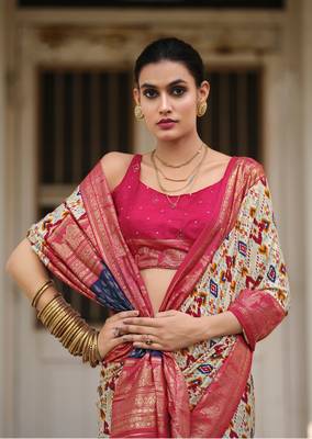 Off white designer ikkat with polka dot printed tussar silk saree with blouse piece 2