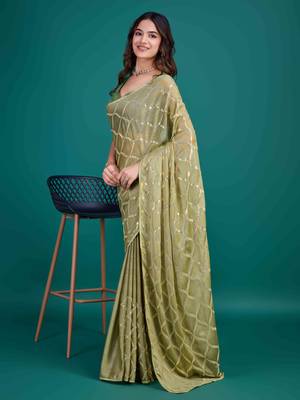 Olive Chiffon Sequineed Saree With Unstitched Blouse Piece 1