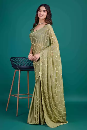 Olive Chiffon Sequineed Saree With Unstitched Blouse Piece
