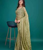 Olive Chiffon Sequineed Saree With Unstitched Blouse Piece