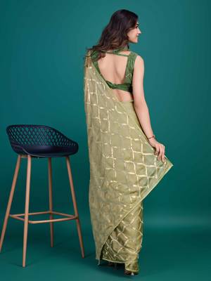 Olive Chiffon Sequineed Saree With Unstitched Blouse Piece 2