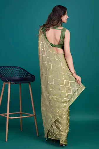 Olive Chiffon Sequineed Saree With Unstitched Blouse Piece