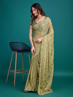 Olive Chiffon Sequineed Saree With Unstitched Blouse Piece 3
