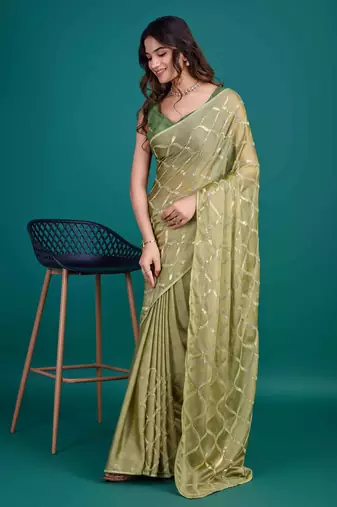 Olive Chiffon Sequineed Saree With Unstitched Blouse Piece