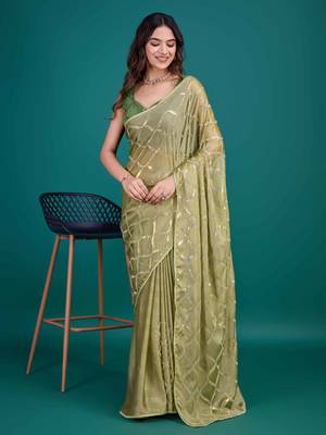 Olive Chiffon Sequineed Saree With Unstitched Blouse Piece 4