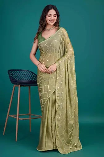 Olive Chiffon Sequineed Saree With Unstitched Blouse Piece