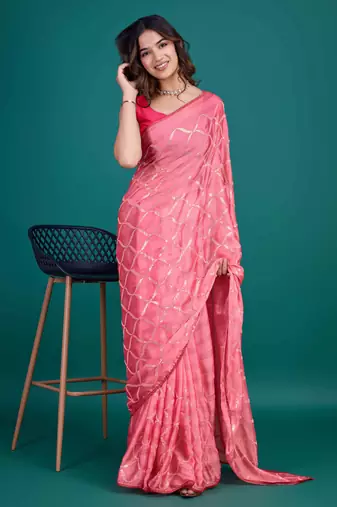Kimisha women's pink chiffon sequineed saree with unstitched blouse piece
