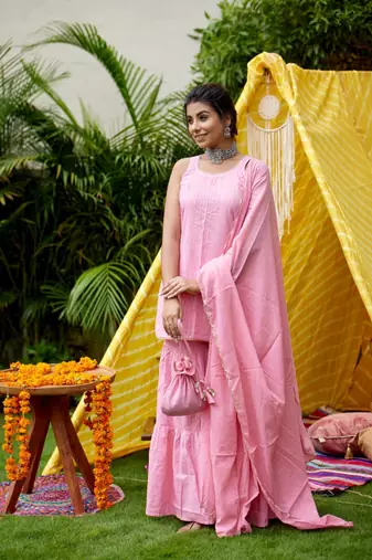 Pink zari short kurta garara (set of 3)