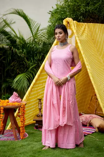 Pink zari short kurta garara (set of 3)