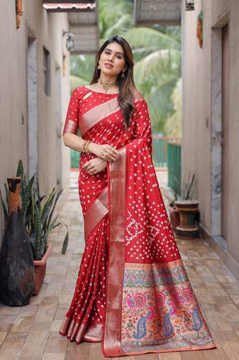 Maroon wevon pallu border designer,bandhej printed dola silk saree with blouse piece