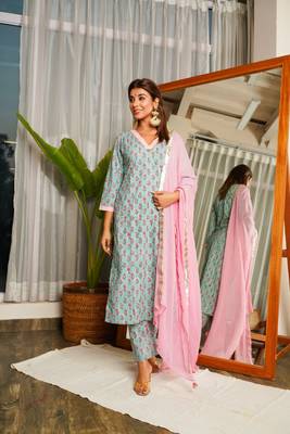 Blue cotton kyaari printed kurta set - (set of 3) 1