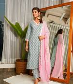 Blue cotton kyaari printed kurta set - (set of 3)