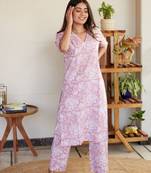 Pink printed v neck straight kurta pant set - (set of 2)