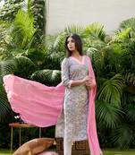 Pink grey floral kurta dupatta set (set of 3)