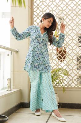 Sky blue cotton short kurta & palazzo set 1